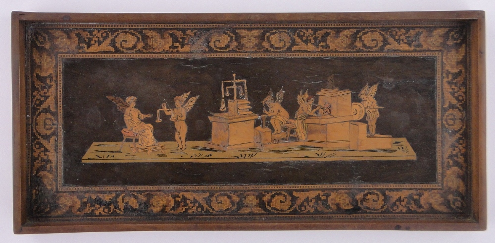 A 19th century Italian marquetry inlaid tray, depicting a classical forge, - Image 2 of 3