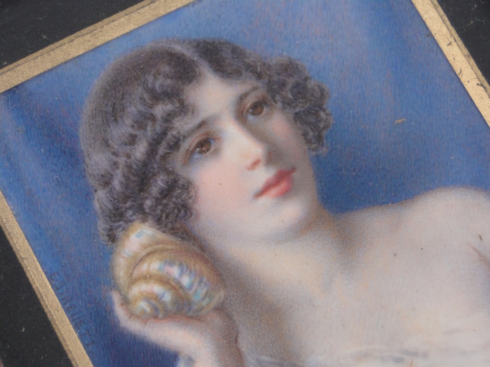 A miniature watercolour on ivory, portrait of a girl holding a shell to her ear, - Image 2 of 3