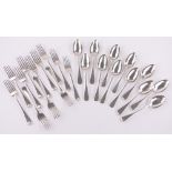 A matched set of 19th century silver Old English pattern dessert forks and spoons for 12 people,