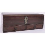A small 19th century mahogany box, with hinged lid and 2 short drawers under, length 10".