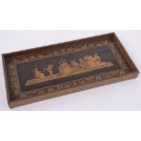 A 19th century Italian marquetry inlaid tray, depicting a classical forge,