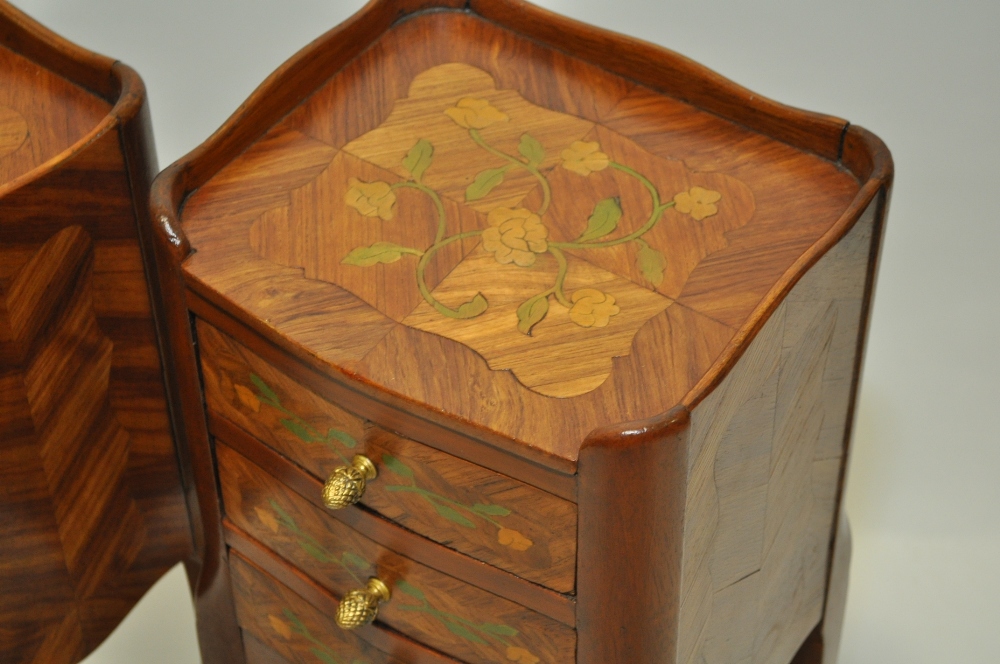 Pair of Continental walnut and marquetry decorated three-drawer bedside chests, - Image 3 of 6