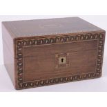 A Victorian walnut and parquetry inlaid sewing box, with fitted interior, length 9.5".