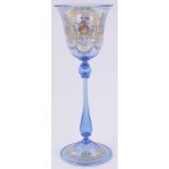 A delicate Venetian blue glass goblet, with painted enamelled and gilded figures, height 8.75".