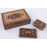 A Victorian Tunbridge Ware and rosewood box, with floral decorated lid, length 6",