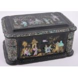 A chinnoiserie mother of pearl inlaid and gilded tea caddy, length 8".