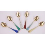 A set of 6 Norwegian sterling silver and coloured enamel coffee spoons, makers marks D A.