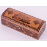 A Victorian Tunbridge Ware dome top glove box, depicting Eridge Castle near Tunbridge Wells,