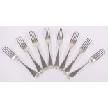 A set of 8 George III silver Old English pattern table forks, makers marks W E W F, London 1807,