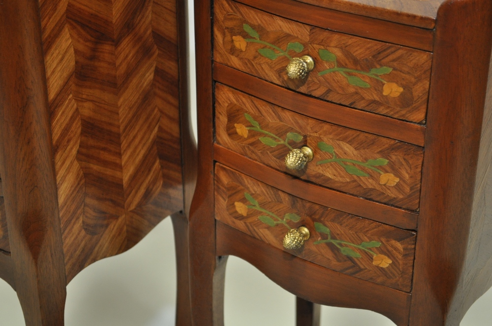 Pair of Continental walnut and marquetry decorated three-drawer bedside chests, - Image 4 of 6