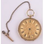 A 19th century Swiss unmarked gold cased open face Verge pocket watch, with engraved gold dial,