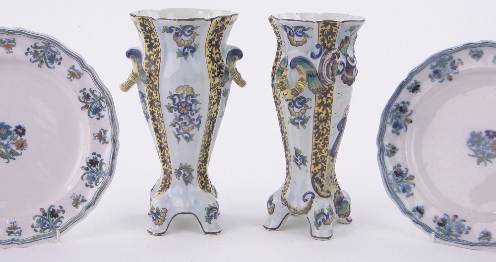 A pair of French Faience glazed pottery vases, with painted country figures, height 10", - Image 2 of 3