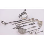 Continental silver sifter spoon, pickle fork, plated napkin ring and other items.