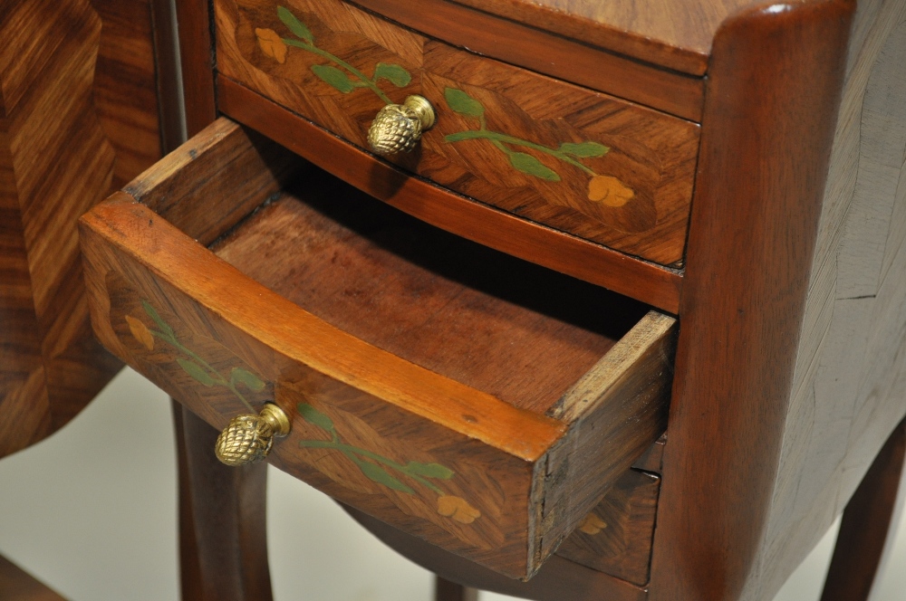 Pair of Continental walnut and marquetry decorated three-drawer bedside chests, - Image 6 of 6
