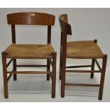 A pair of mid 20th century Danish oak and rush seated chairs, bearing label Mobler by F. D. D.