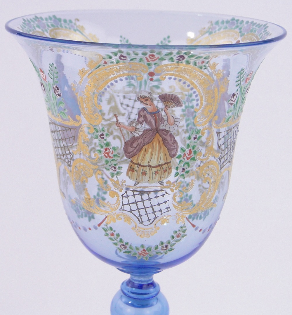 A delicate Venetian blue glass goblet, with painted enamelled and gilded figures, height 8.75". - Image 2 of 3