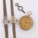 A 19th century Swiss 18ct gold cased keywind fob watch and 2 ladies 9ct gold cased wristwatches