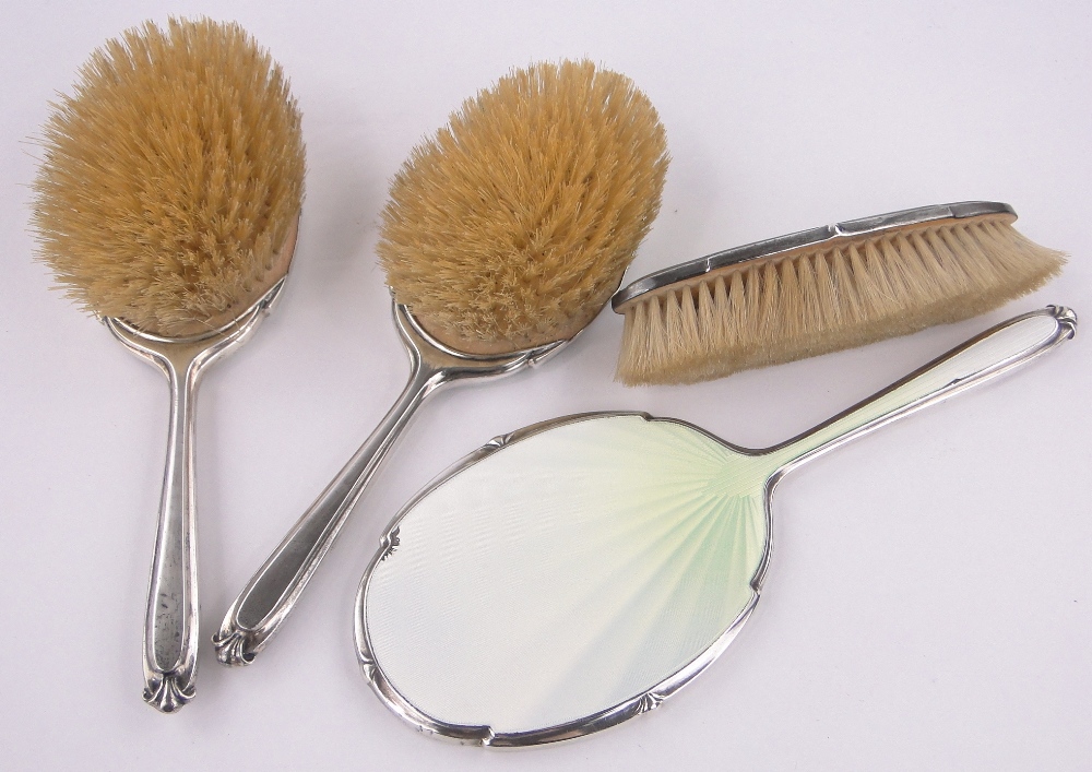 A 4-piece silver and opalescent enamel backed brush and mirror set, Birmingham 1939. - Image 2 of 3