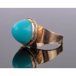 A continental 18ct gold dome shaped turquoise set ring, makers marks J P, setting width 14mm,