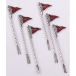 A set of 6 novelty silver plate and enamel cocktail sticks in the form of golf pin flags.