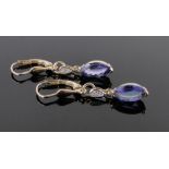 Pair of 9ct gold tanzanite and diamond set drop earrings.