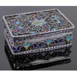 A continental silver and champleve enamelled pillbox, marked 1000, length 5cm.