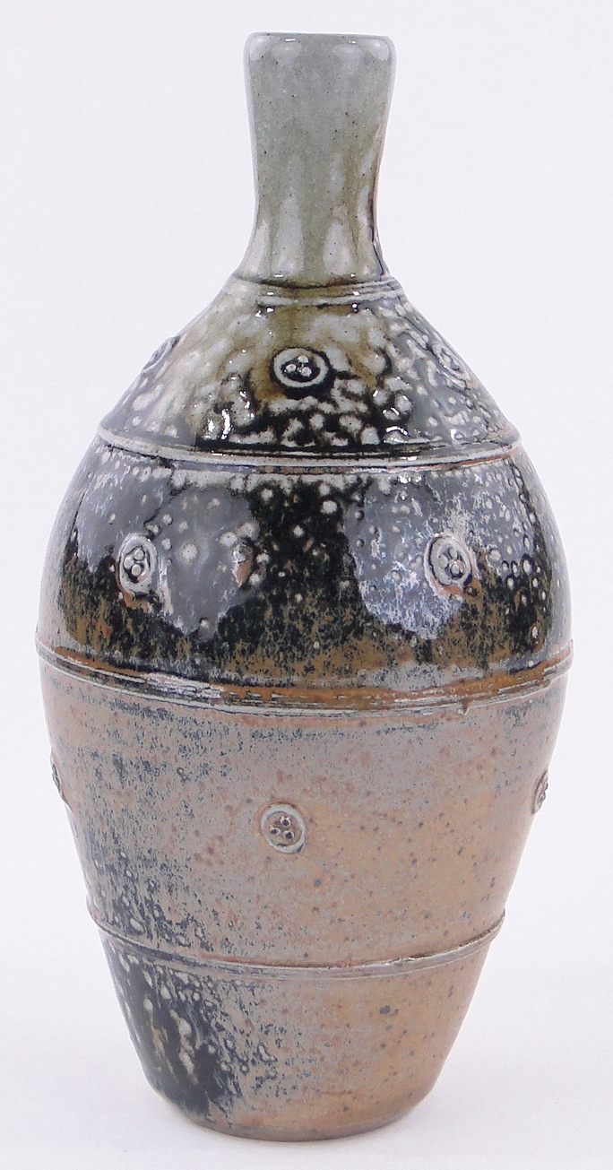 John Jeles, a contemporary Studio Pottery narrow necked vase, ash glazed with raised bosses, - Image 2 of 3