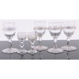 A set of 4 small Victorian ale glasses, height 10cm and 2 other small etched glasses, (6).