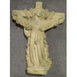 A weathered concrete garden crucifix sculpture, height 63cm.