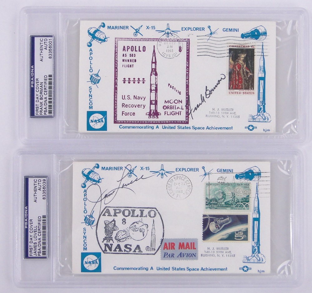 2 Apollo VIII Nasa First Day Covers, signed by the astronauts James Lovell and Frank Borman, (2).