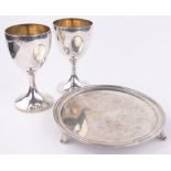 Pair of George III Scottish silver cups and matching circular tray, makers marks W R Edinburgh 1797,