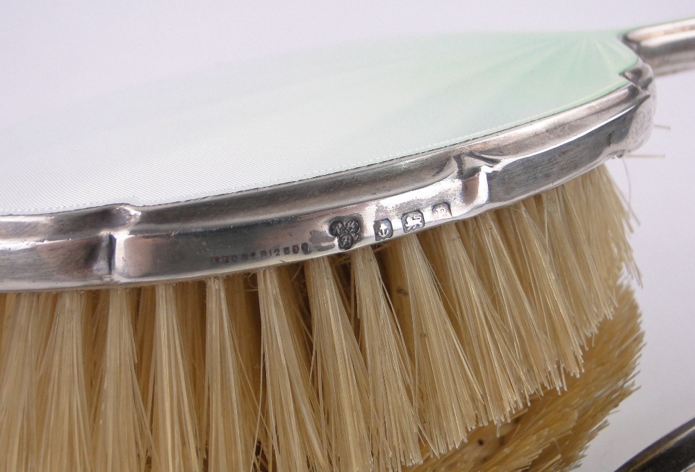 A 4-piece silver and opalescent enamel backed brush and mirror set, Birmingham 1939. - Image 3 of 3