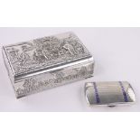 A continental silver plate and enamel cigarette case, and a plated and embossed cigarette box, (2).