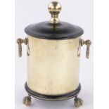 A Victorian brass cylindrical biscuit barrel, on ball and claw feet, height 25cm.
