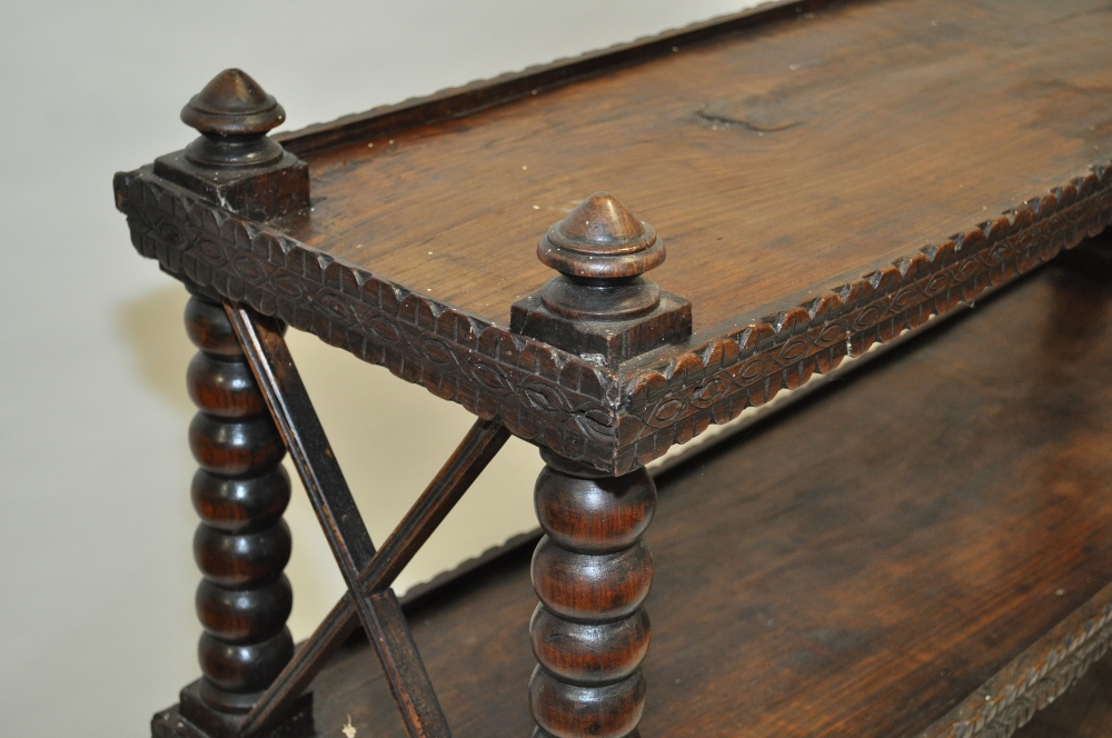 An Antique rosewood 3-tier stand, with carved edge, cross pierce sides and bobbin turned supports, - Image 2 of 6