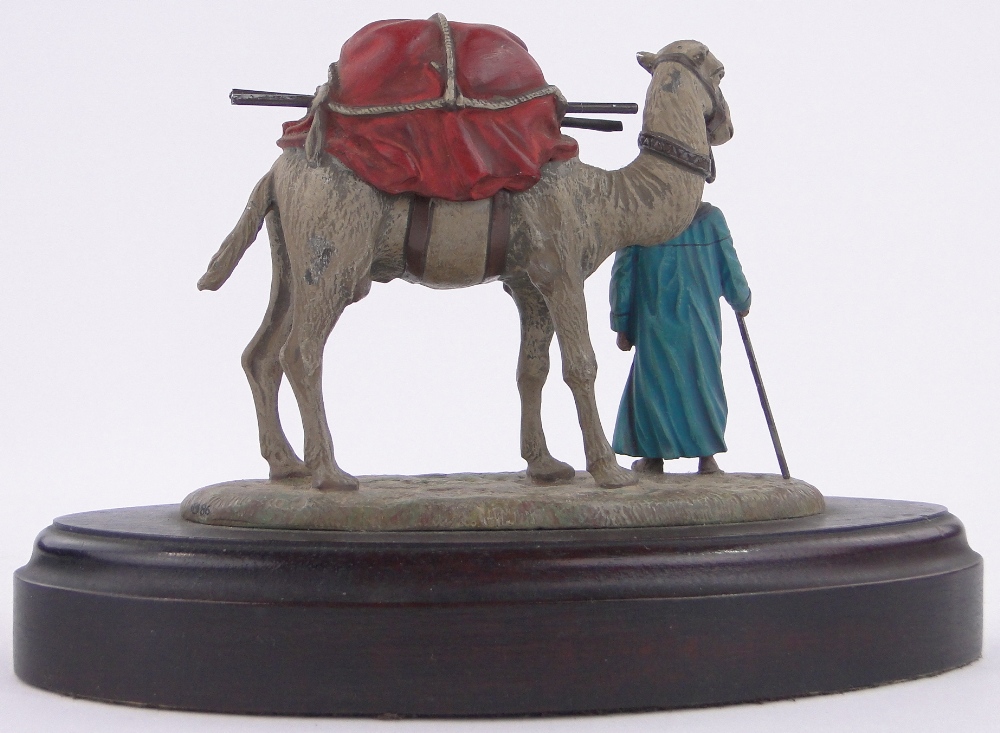 An Austrian cold painted bronze Bedouin tribesman and camel, unmarked, wooden plinth, - Image 2 of 3