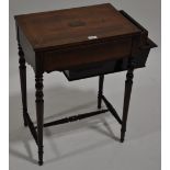 A 19th century rosewood and satinwood strung work table, with end frieze drawer and basket under,