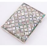 A Victorian mother of pearl and abalone shell parquetry card case, height 10.5cm.