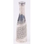 A novelty Swedish silver bottle design salt pot, indistinct continental marks, height 9.5cm.