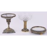A cut-glass brass and silver plate bowl on pedestal, by Walker & Hall, diameter 20cm,