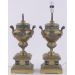 A pair of 19th century brass classical design 2-handled lamp bases,