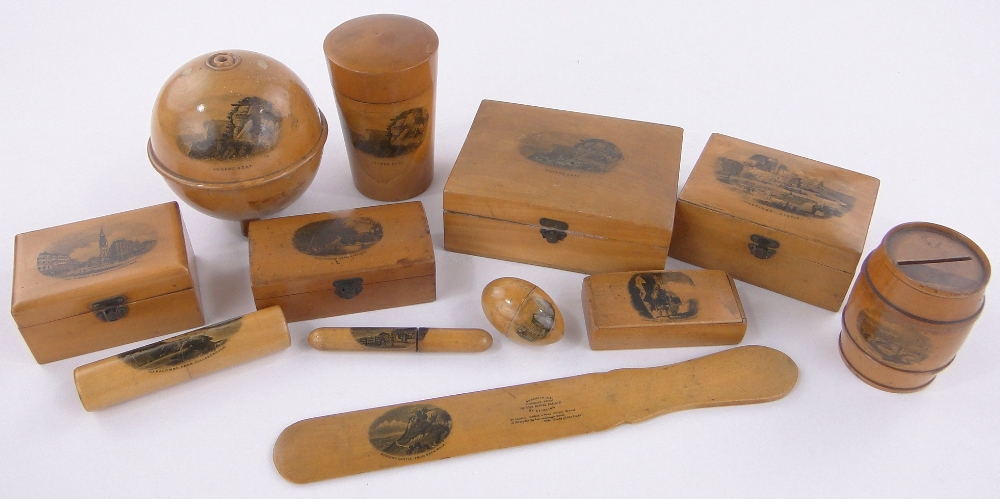 A Collection of Mauchline Ware, including Hastings ribbon dispenser, Jersey needle case, etc., (12).