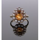 A 9ct gold citrine and pearl cluster ring, setting height 15mm, size N.