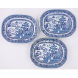 A set of 3 Victorian willow pattern meat plates, length 40cm.