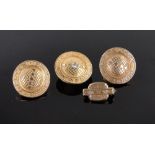 4 Various 14ct gold Caltex Service badges, 1 set with central diamond, 14g total.