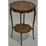 A French rosewood and marble top occasional table, with ormolu mounts and turned legs, width 1'6",