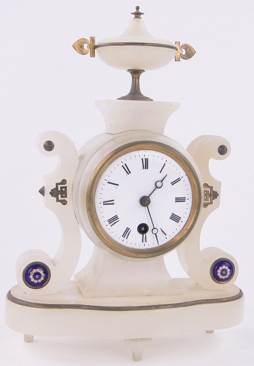 A 19th century French alabaster scroll cased mantel clock surmounted by an urn, height 29cm.