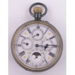 A 19th century gun metal cased full calendar multiple dial topwind pocket watch,