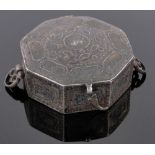 An Antique Middle Eastern silver pillbox of octagonal form,