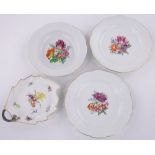 3 German porcelain hand painted botanical plates, and a porcelain leaf shaped dish, (4).
